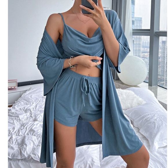 Casual Blue Ribbed Cami Top Shorts Duster Lounge Set
